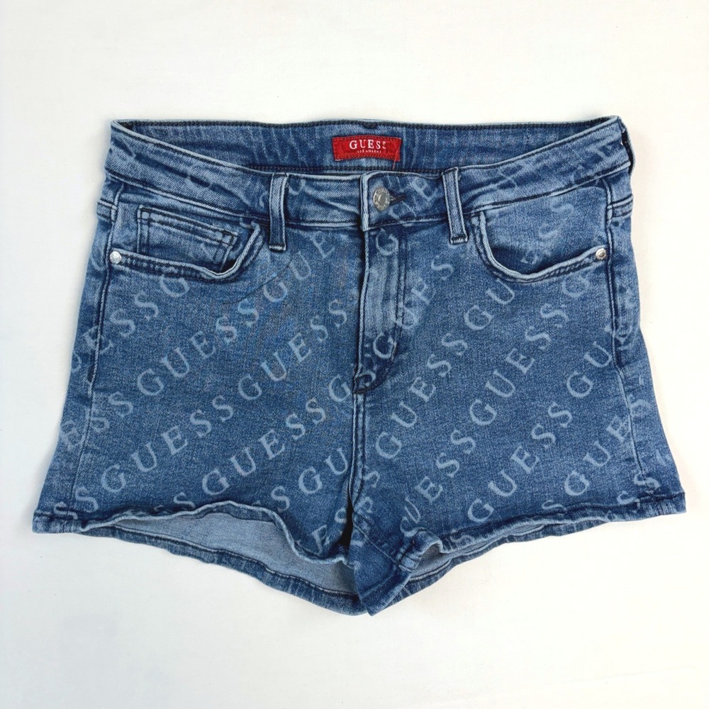 Guess Los Angeles All Over Logo Denim Shorts Blue Medium Wash Size 29 Y2K‎